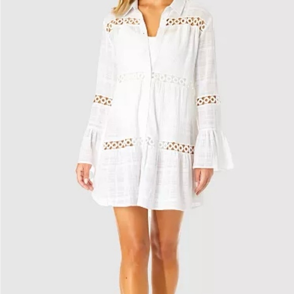 NWT Ibiza Anne ColeWomen's Button Up Bell Sleeve Crochet Trim Cover-Up Tunic - Picture 4 of 8